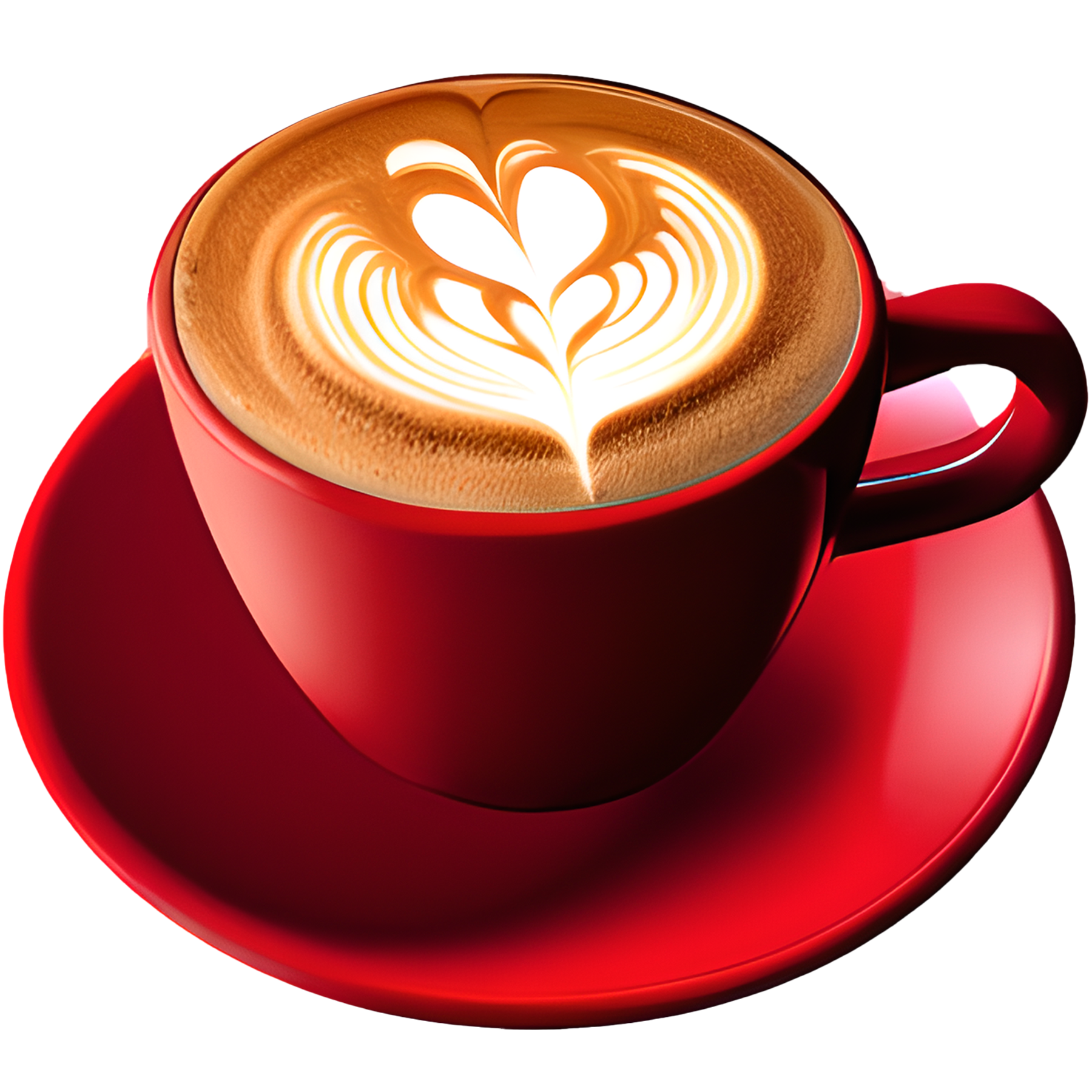 Café capuchino caliente con un corazón de espuma servido en una taza roja. 5