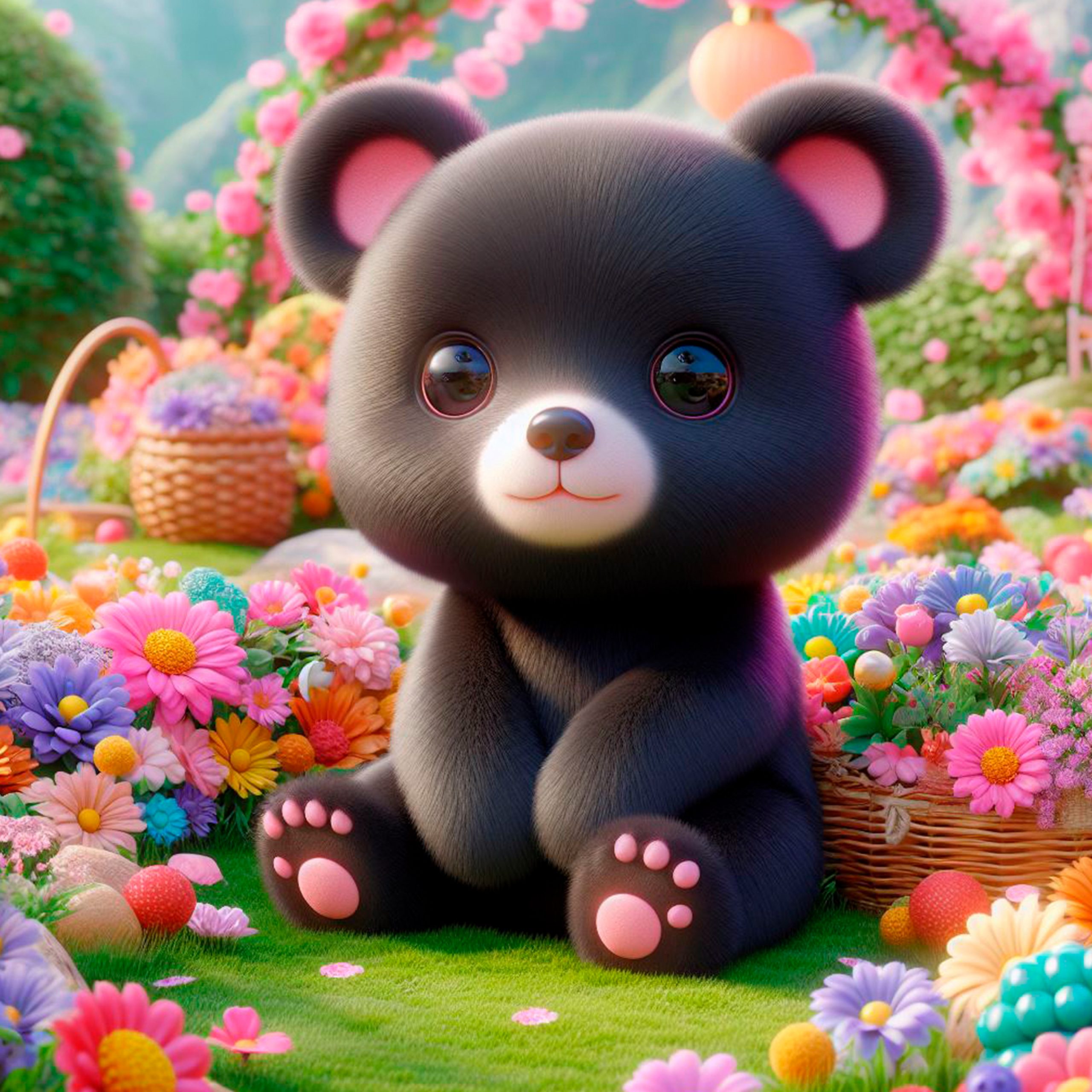Oso bebé color negro sentado en un campo de flores de muchos colores