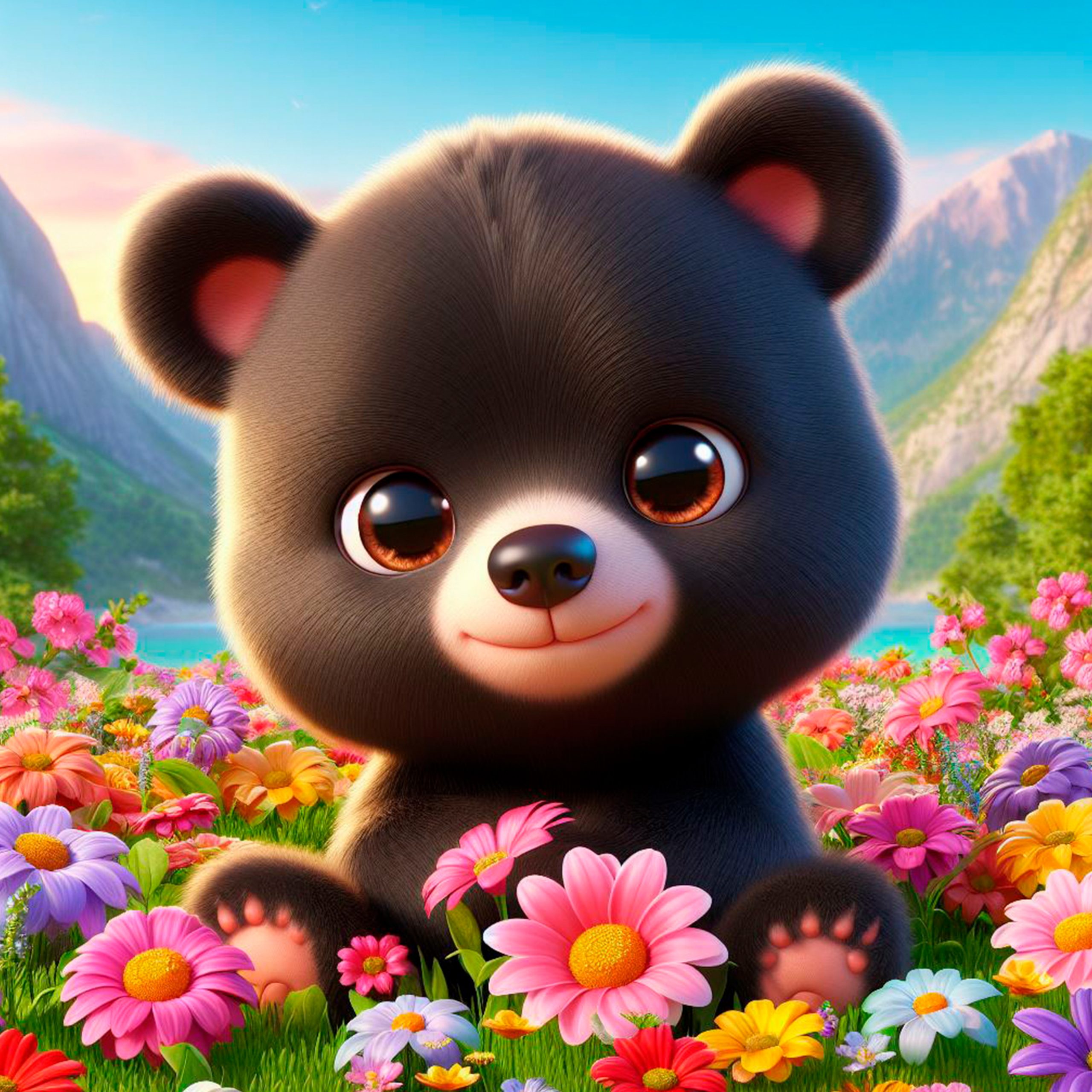Lindo oso bebé de color café oscuro con ojos grandes, entre un campo de flores de colores