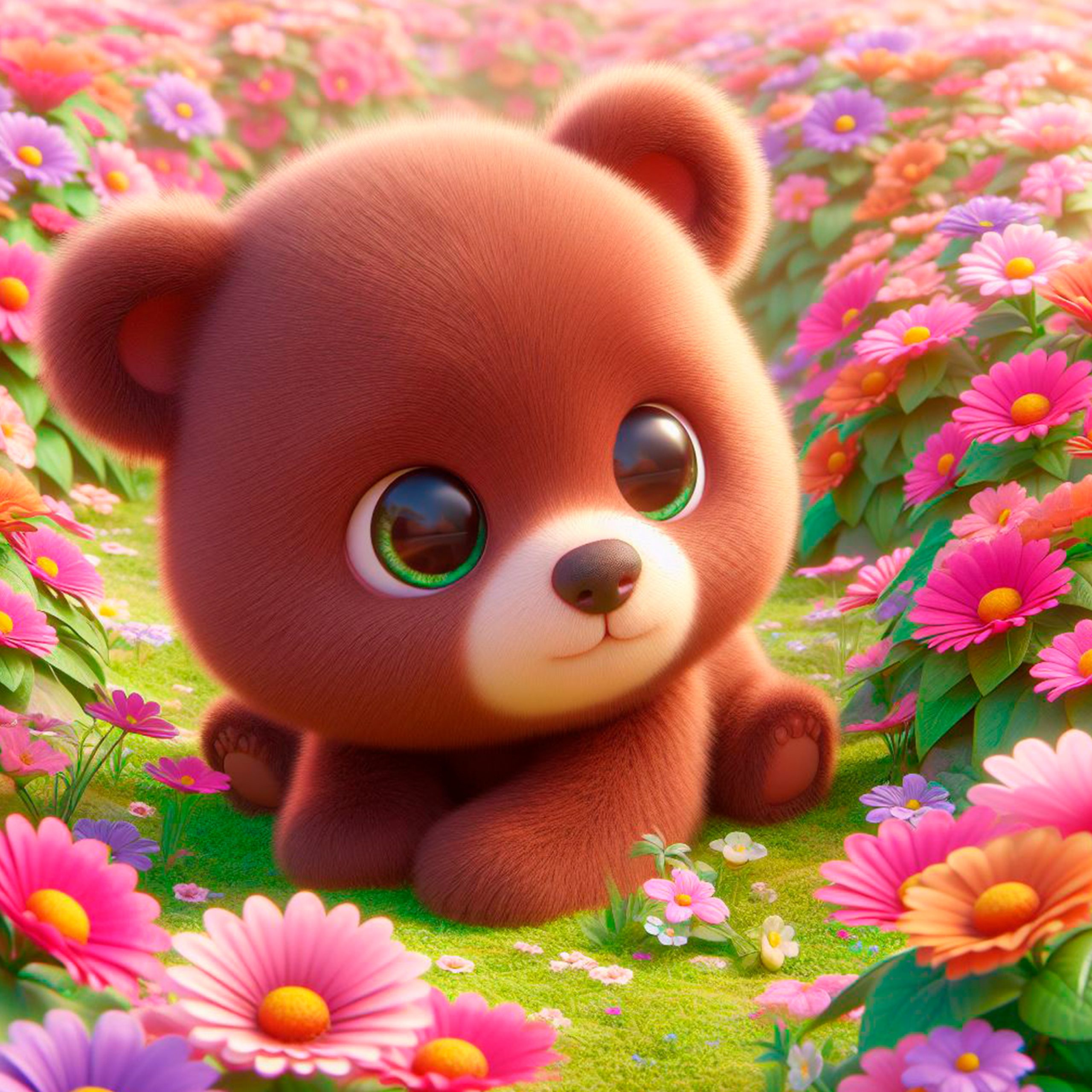 Pequeño oso bebé color café claro jugando en un campo de flores de muchos colores