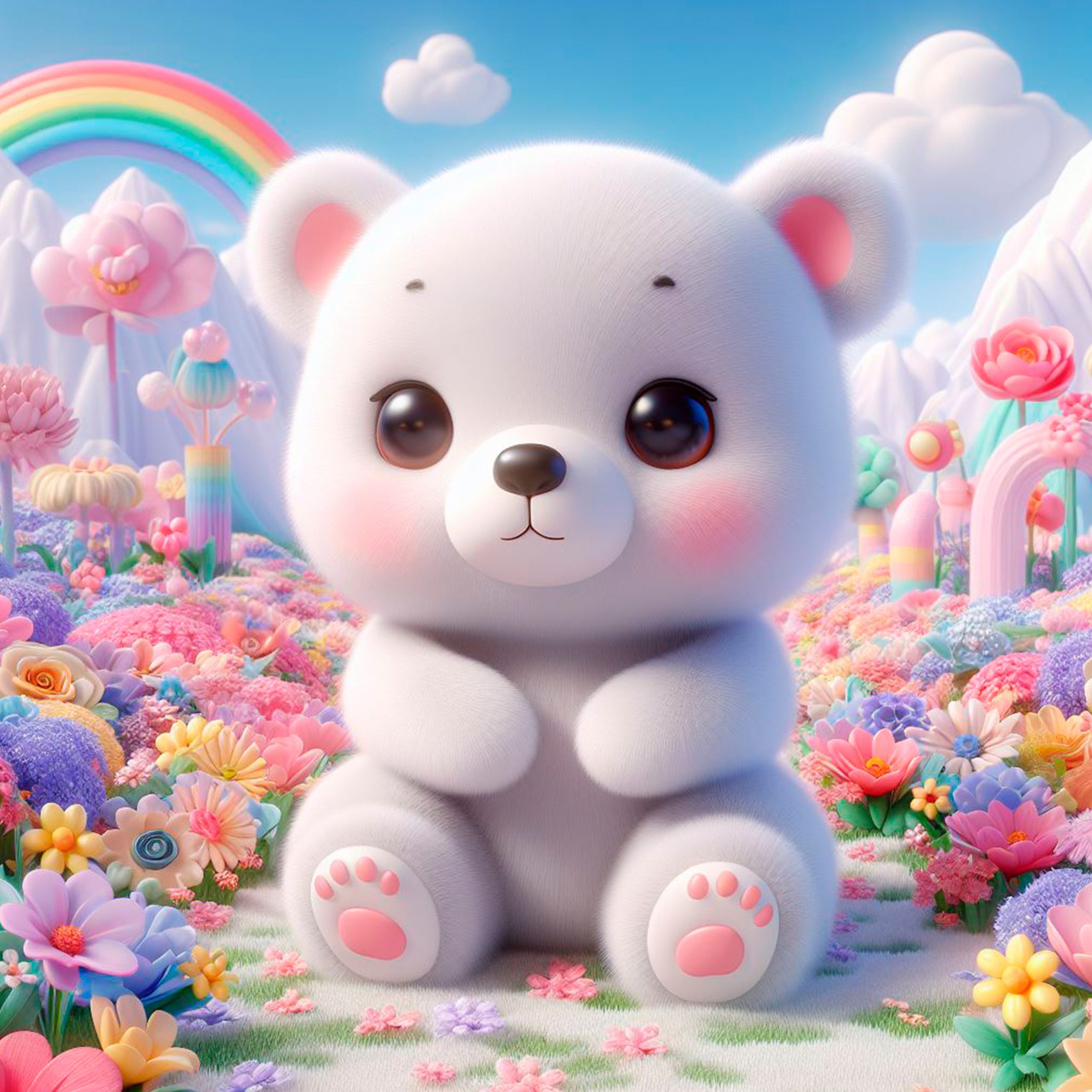 Pequeño oso bebé blanco de mejillas rosadas, sentado bajo el cielo azul y un arcoiris