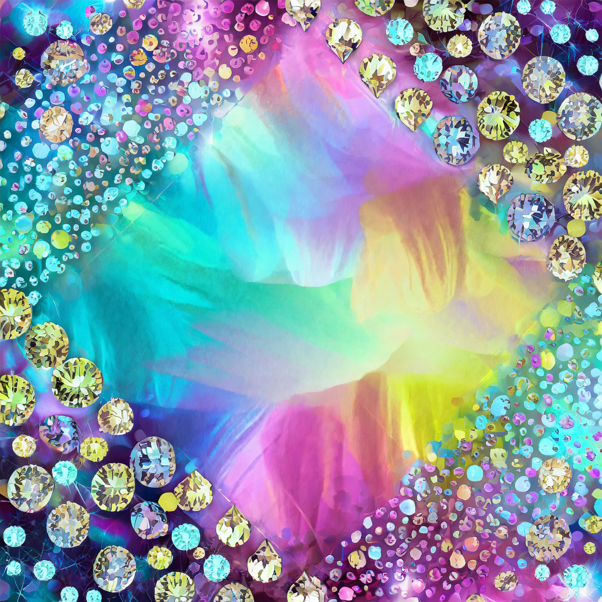 Fondo de colores iridiscentes y marco de cristales brillantes