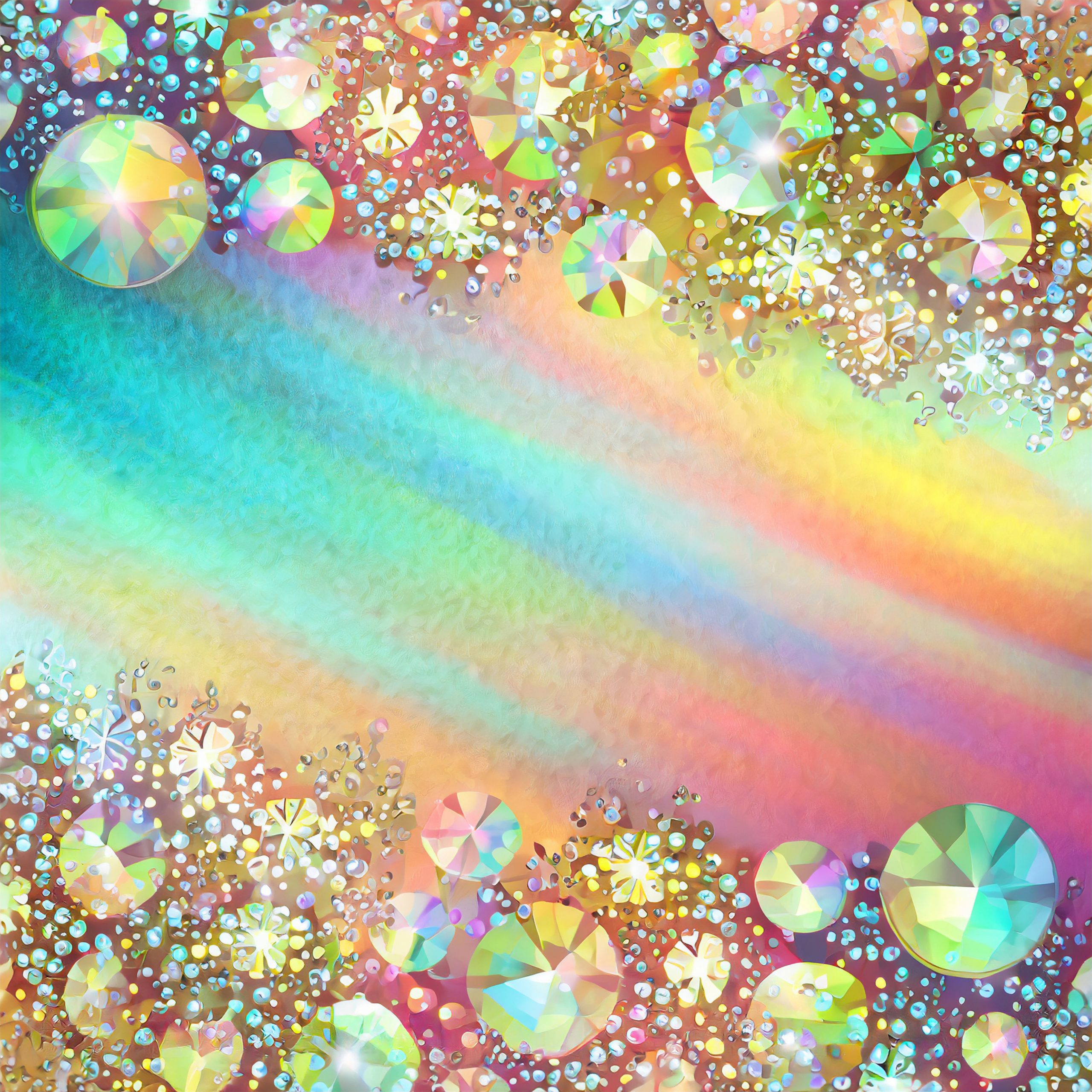Fondo difuminado de colores iridiscentes decorado con grandes piedras preciosas de colores y cristales brillantes