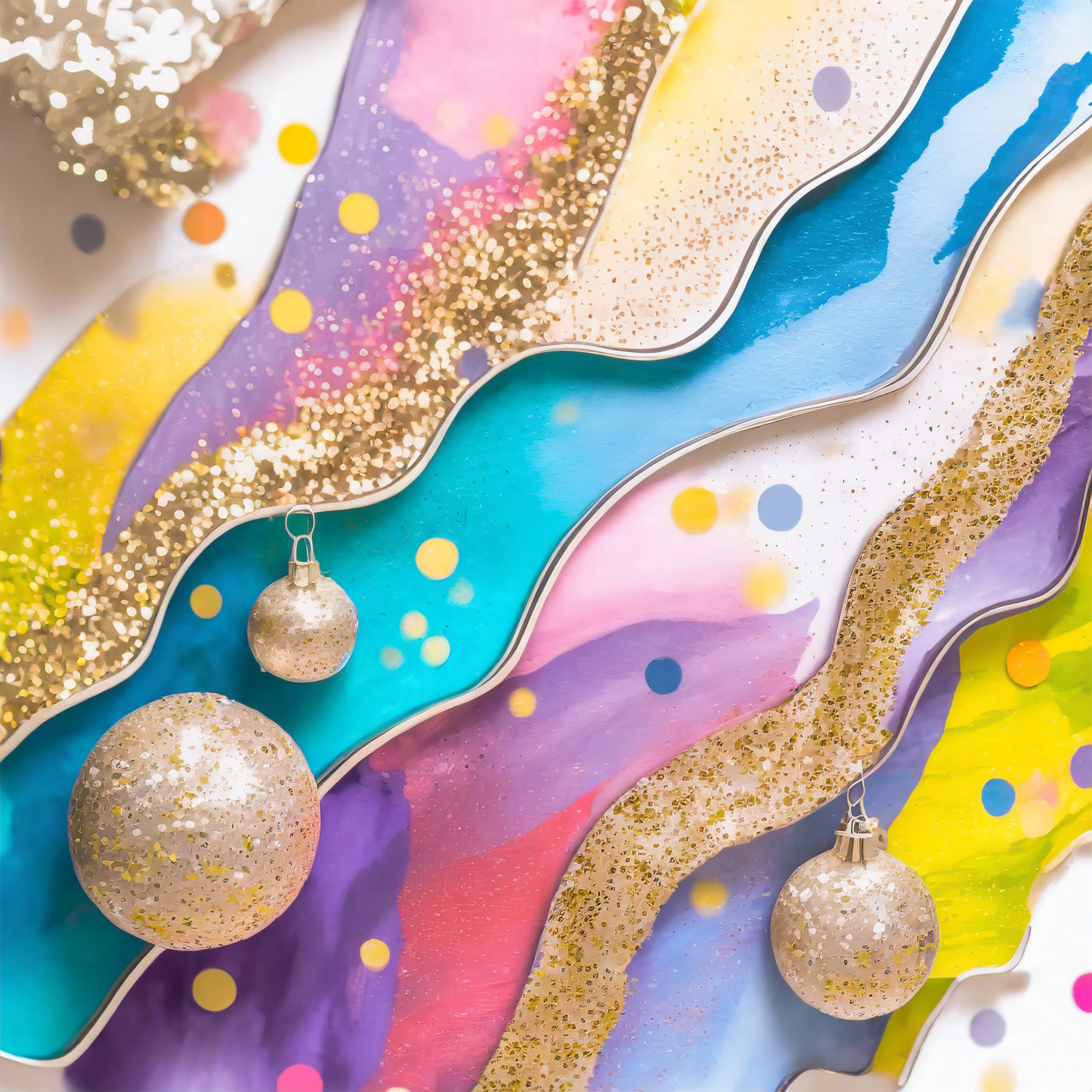 Colorida obra de arte abstracto y brillos dorados con perlas