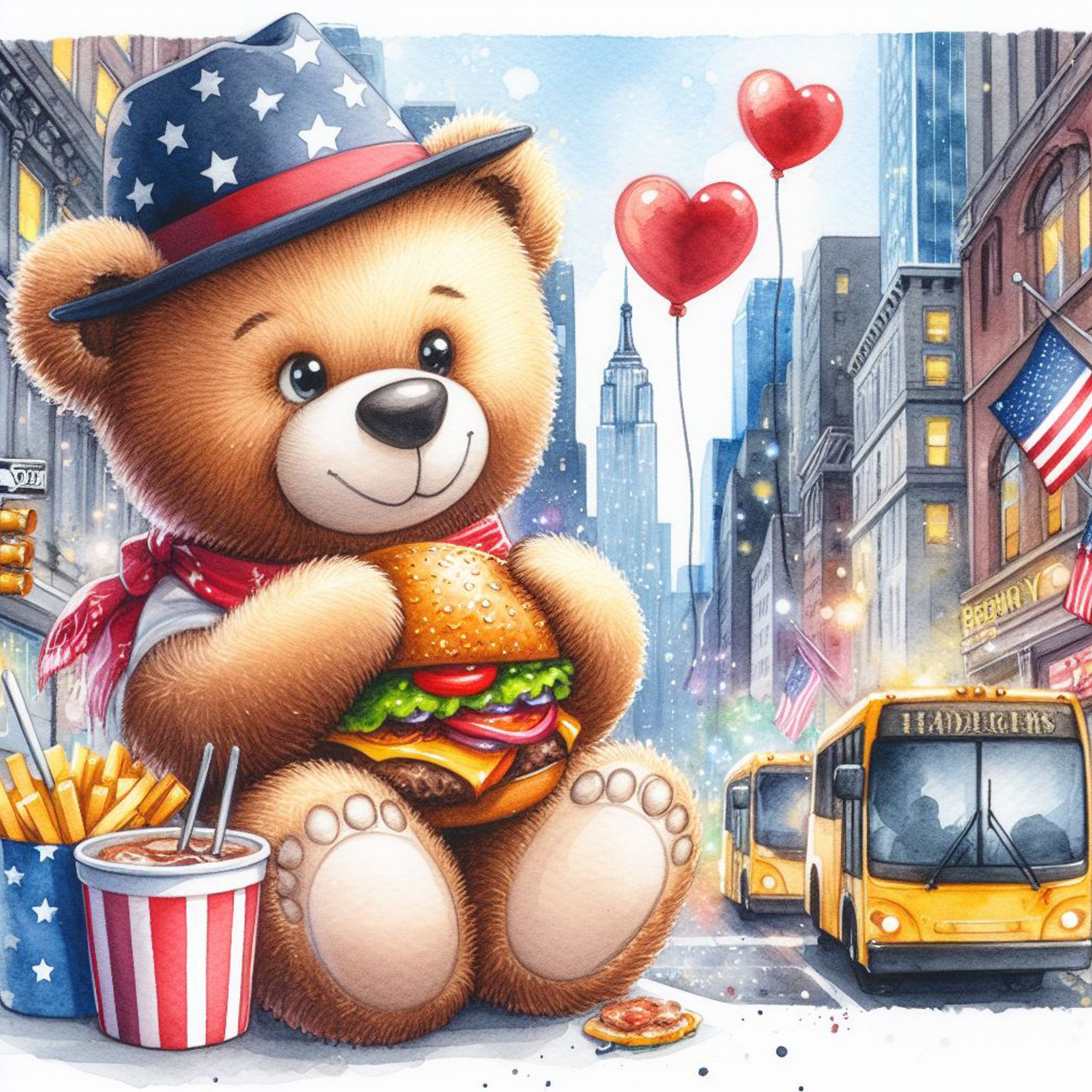 Oso Teddy patriótico comiendo una hamburguesa en Nueva York