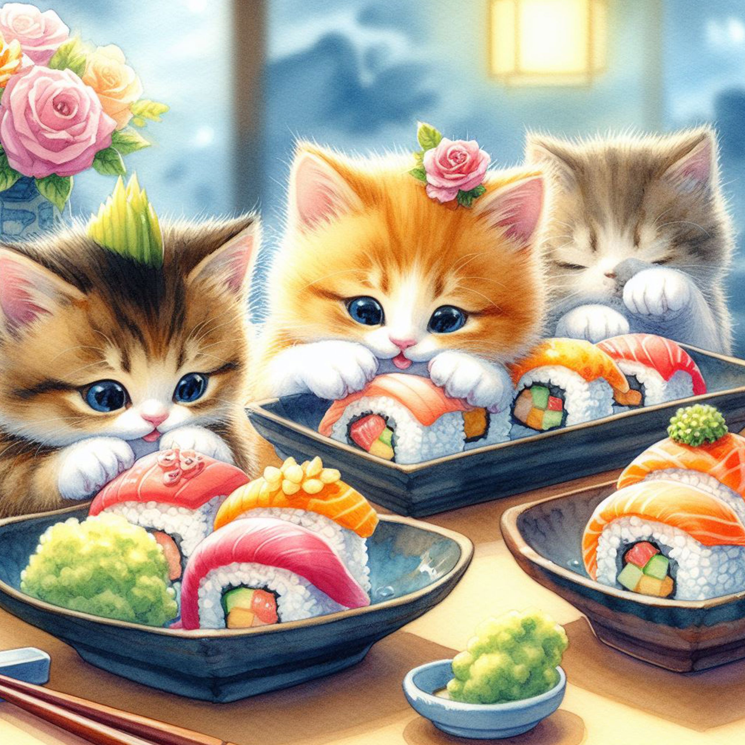 Gatitos comiendo sushi