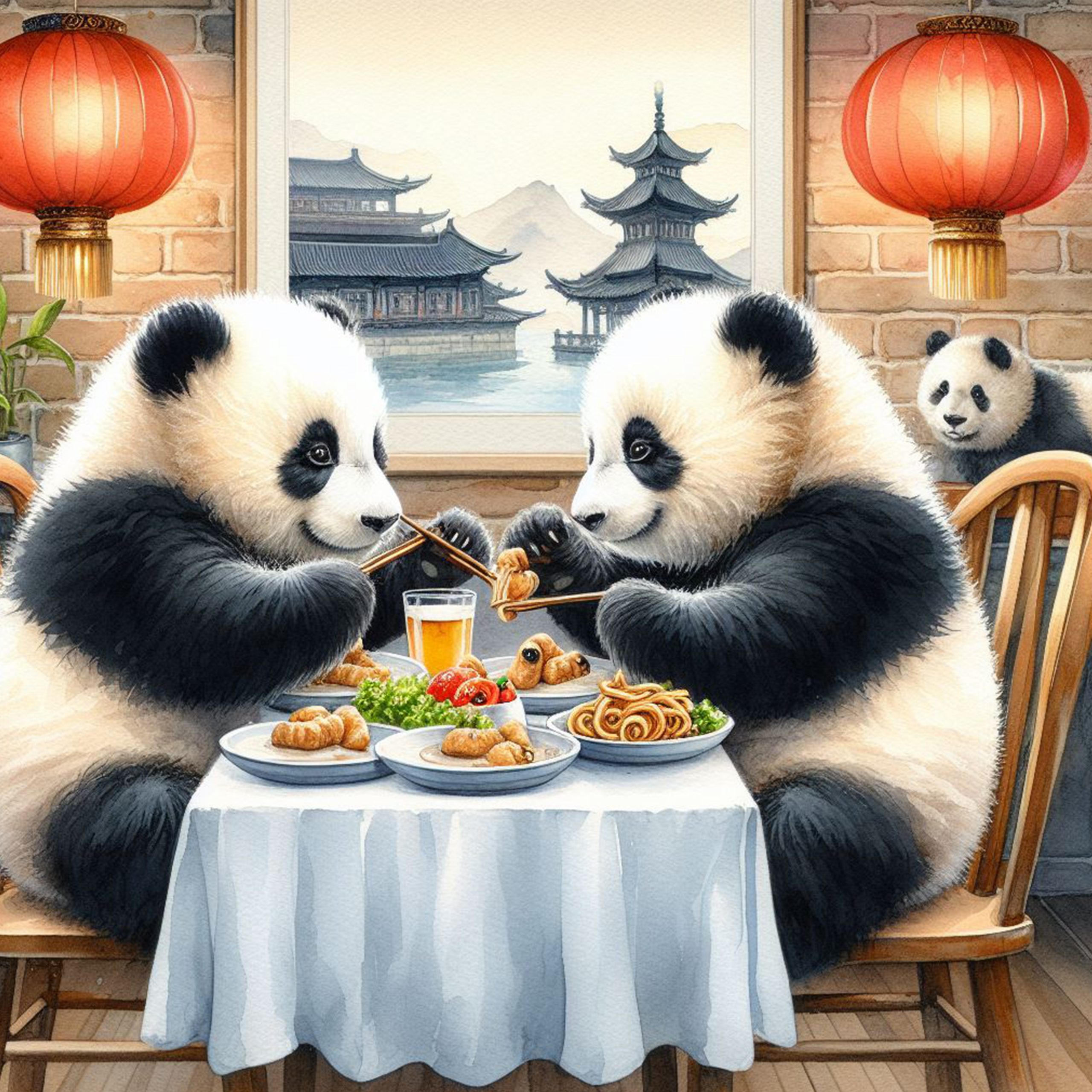 Osos panda comiendo en un restaurante de comida china