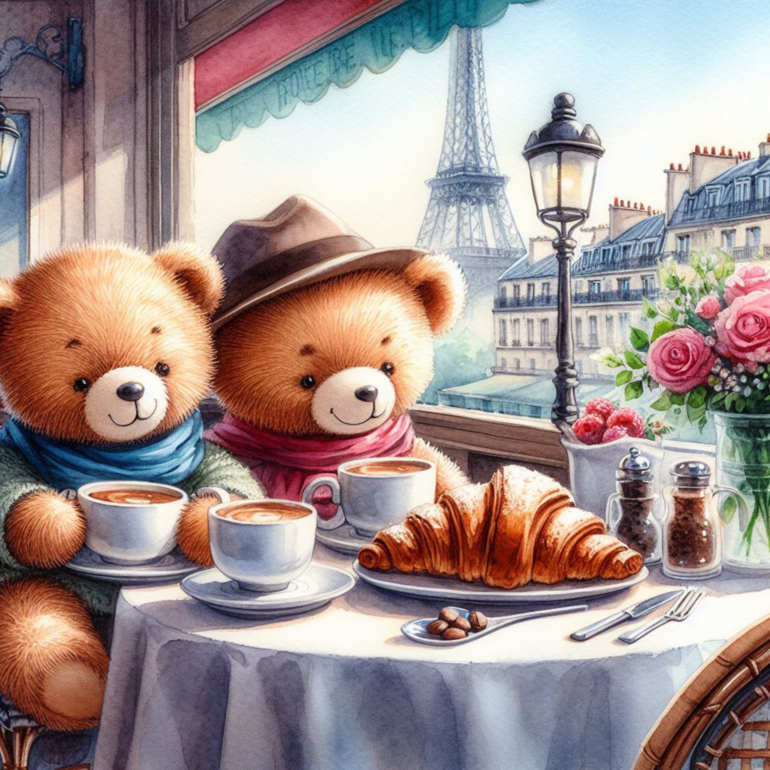 Osos Teddy tomando café en un restaurante de Paris