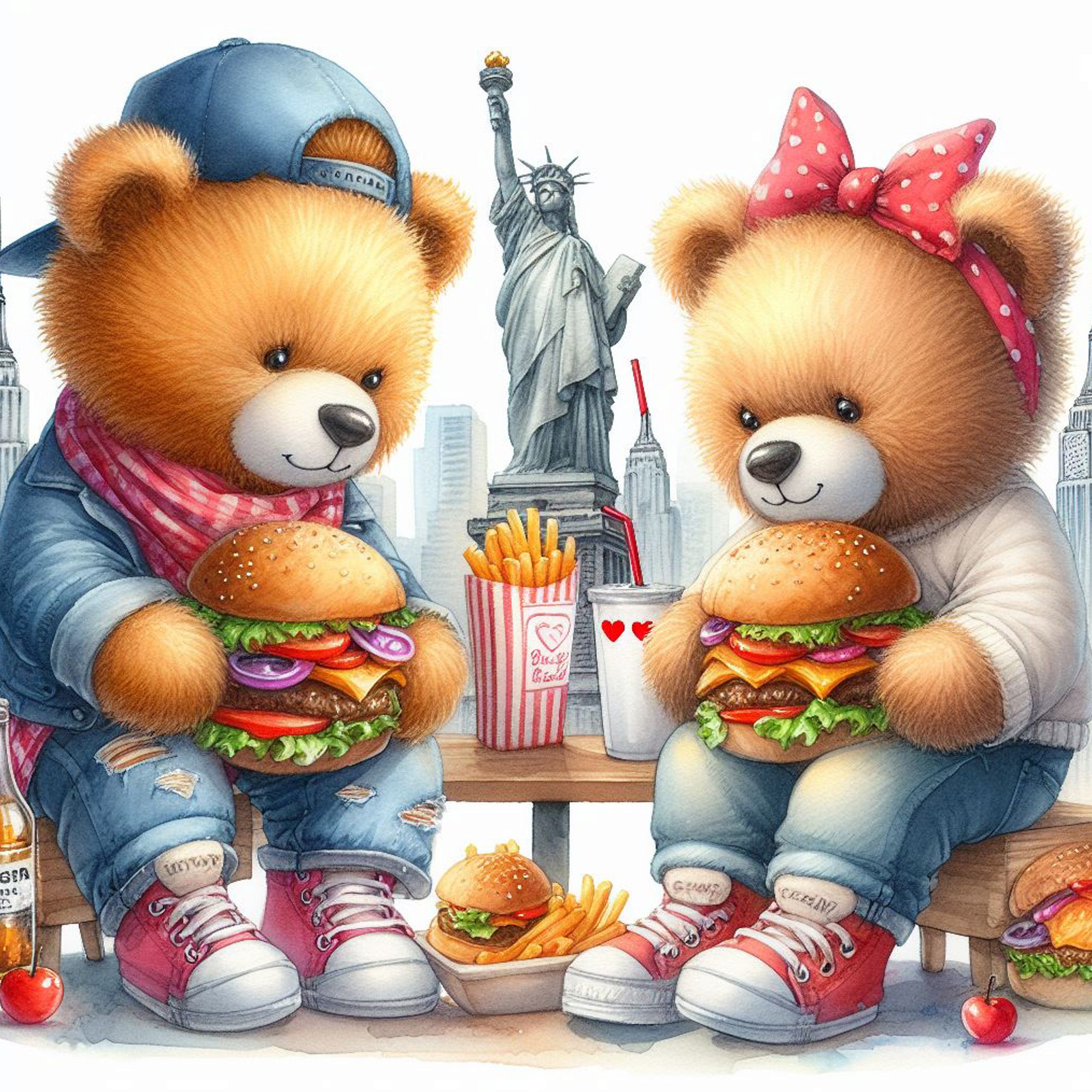 Osos Teddy comiendo hamburguesas en Nueva York