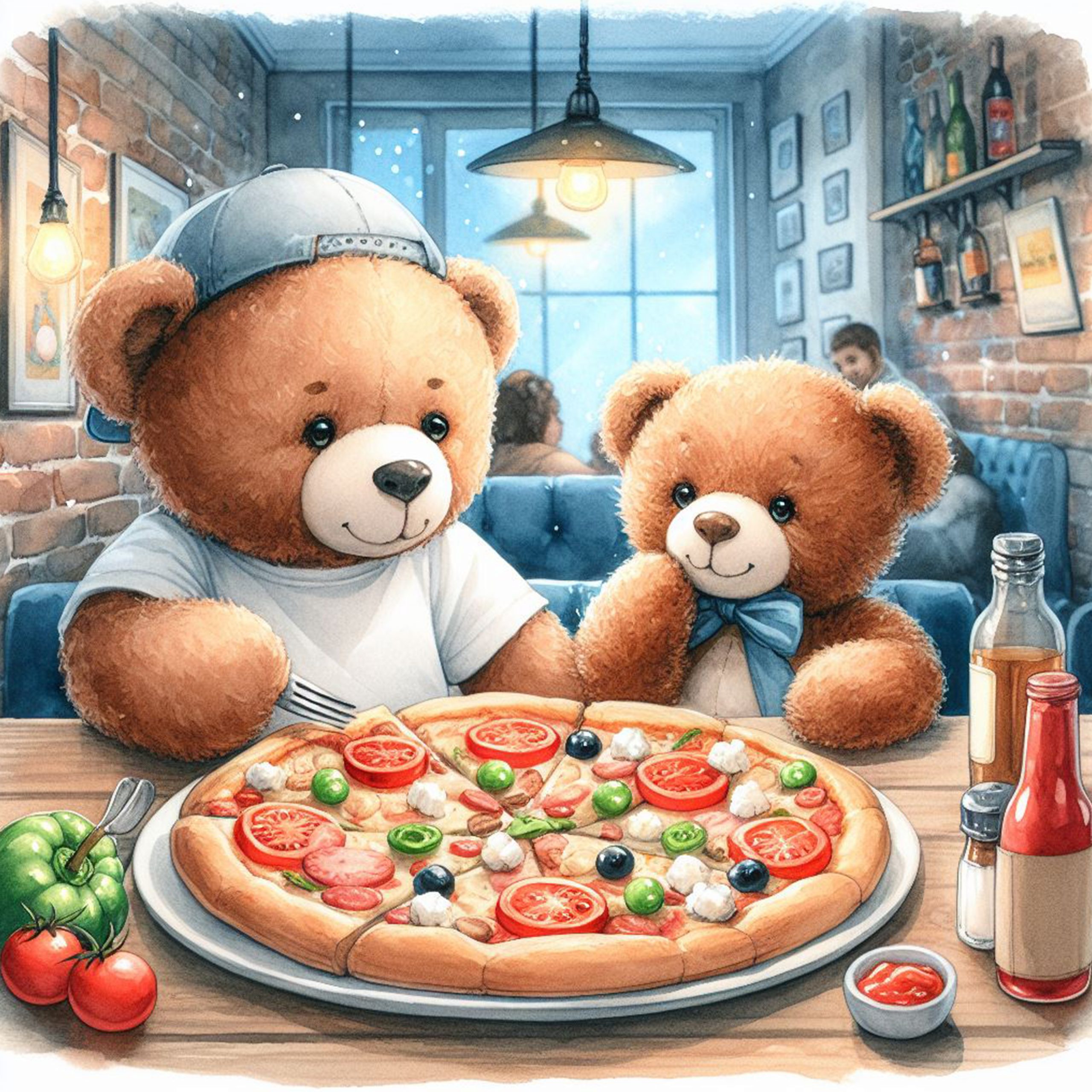 Osos Teddy comiendo pizza en un restaurante italiano