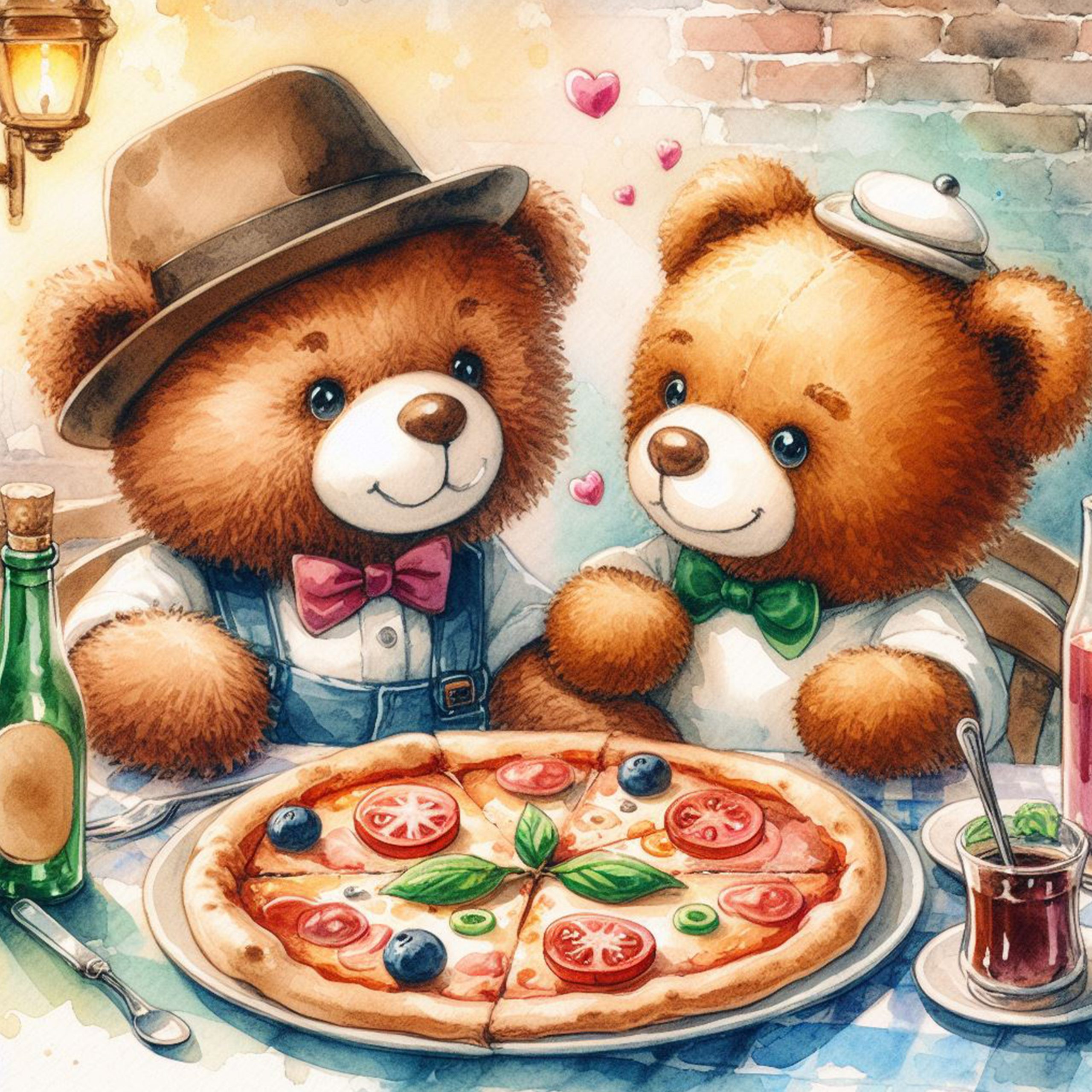 Pareja de osos Teddy comiendo pizza