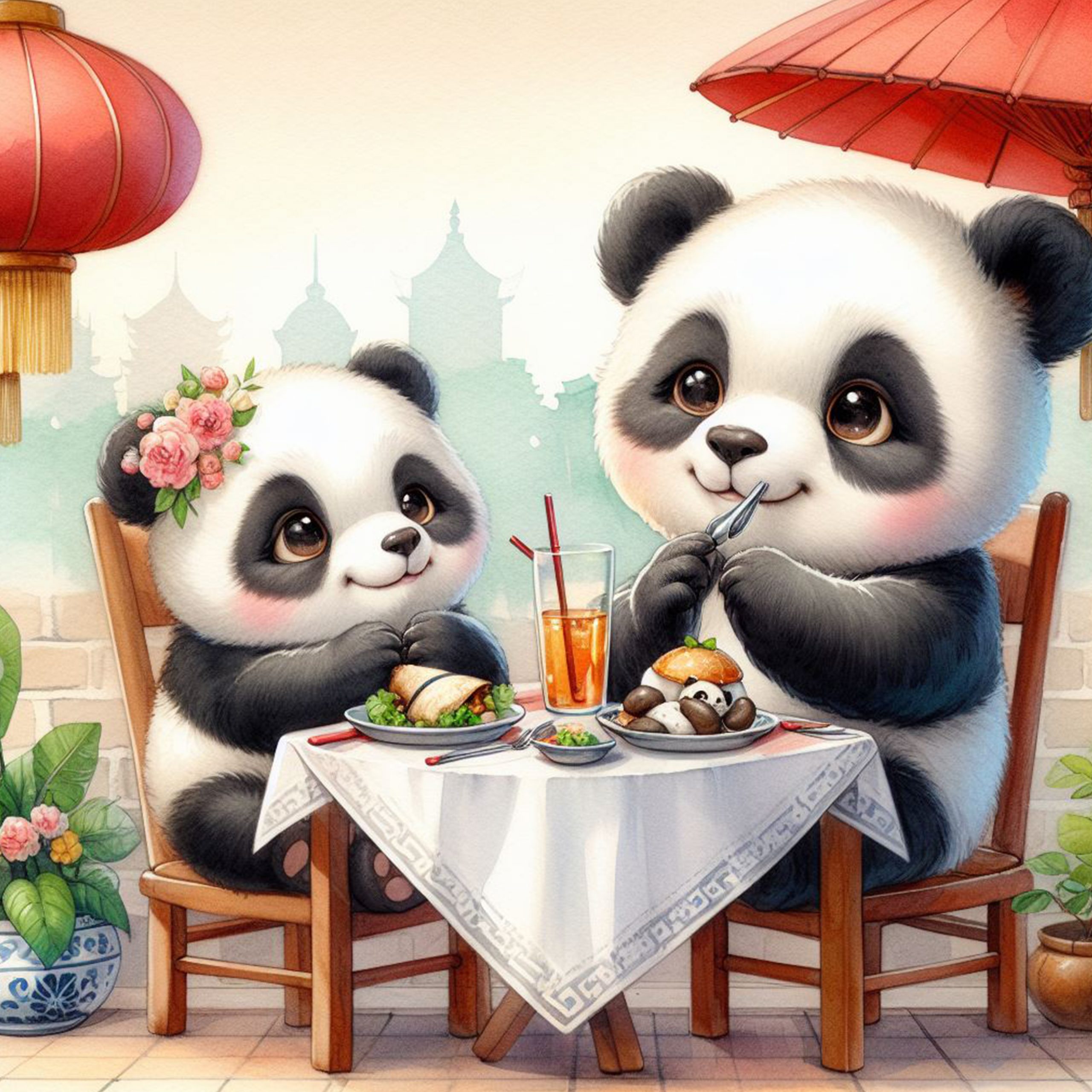 Osos panda comiendo comida china