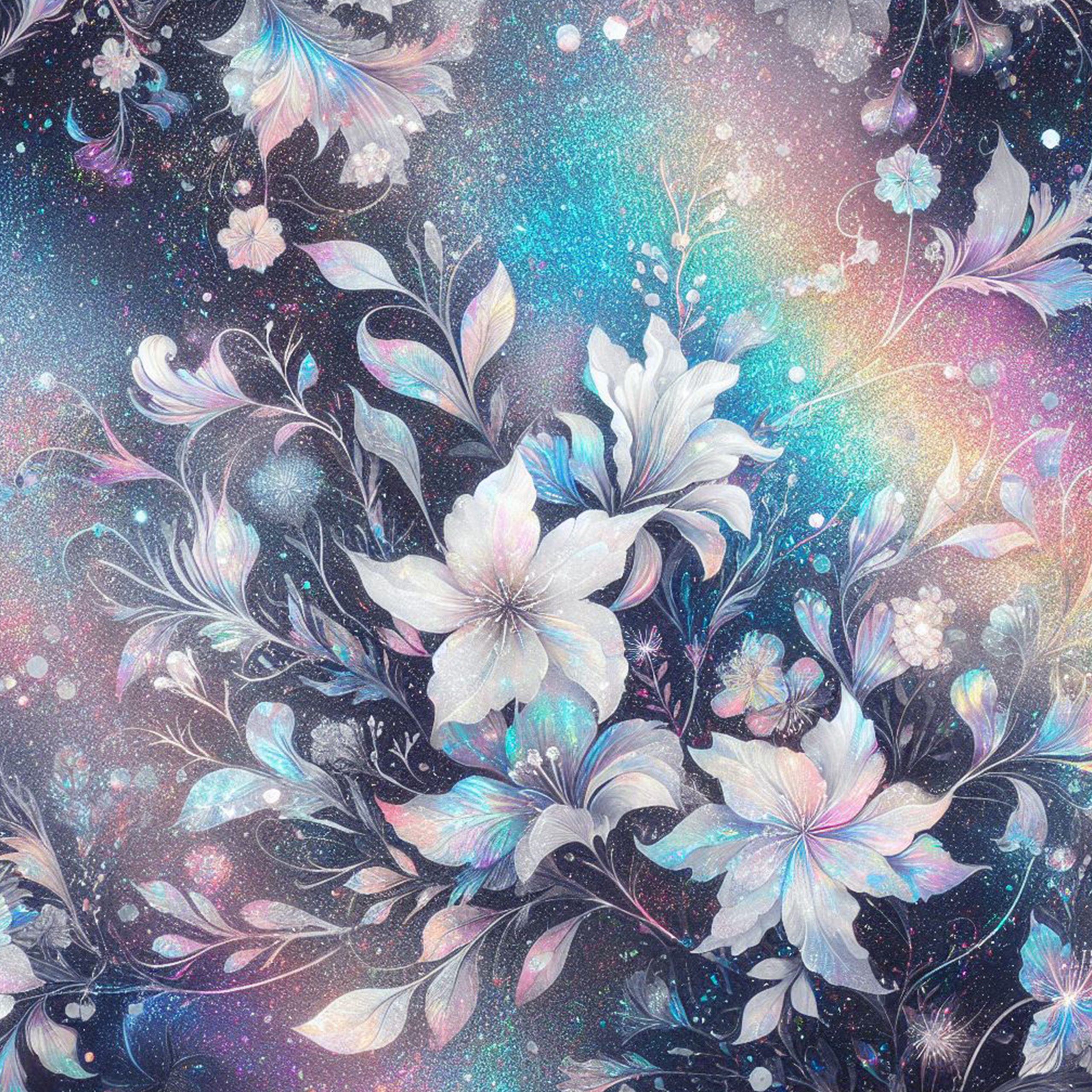 Fondo arcoiris iridiscente y flores blancas