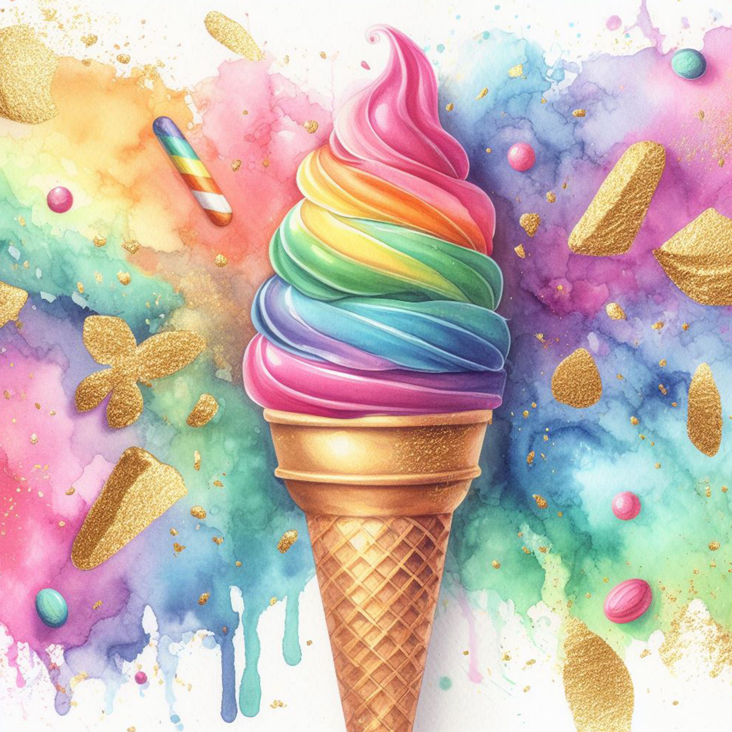 Delicioso helado arcoiris sobre un fondo de pintura de colores y brillo dorado