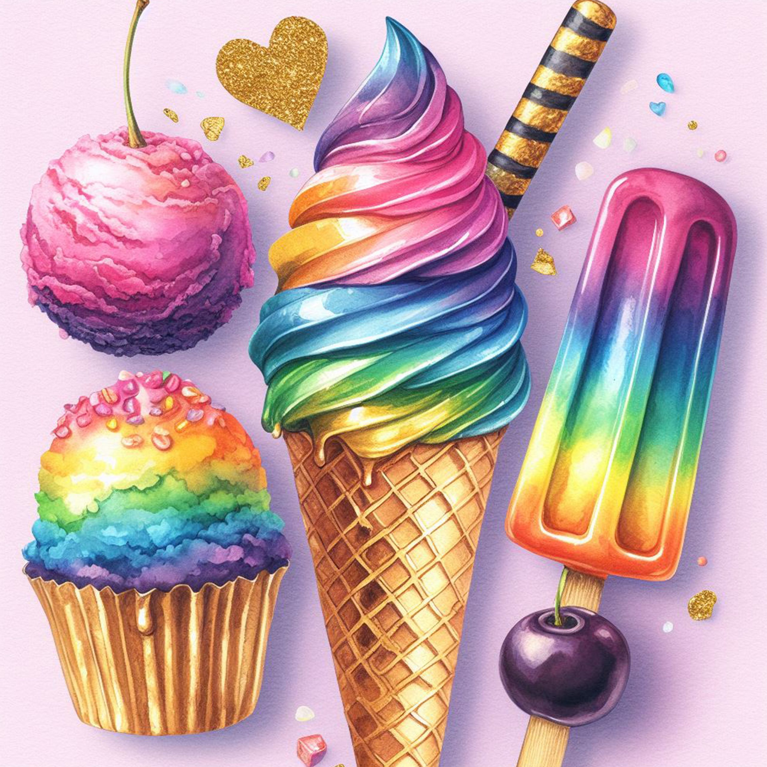 Helado, paleta y cupcake de color arcoiris